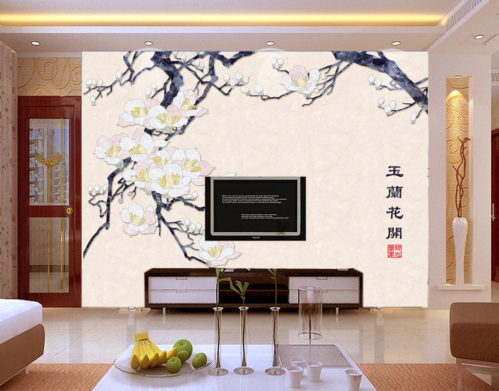 玉蘭花開大理石紋水刀拼花電視背景墻壁畫 藝術與自然的融合